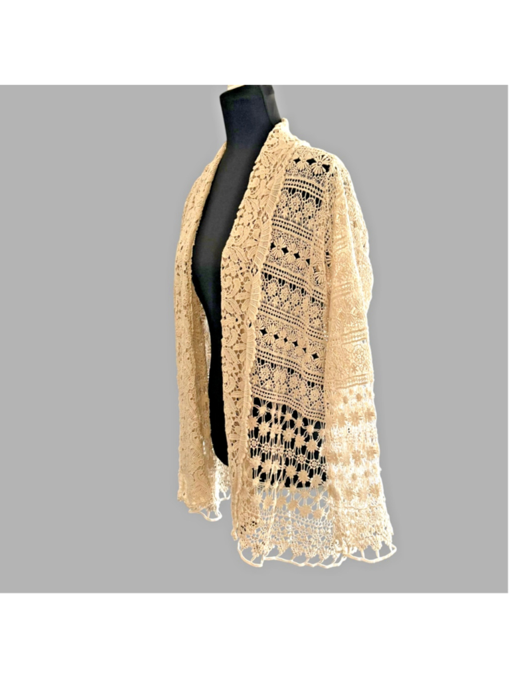 Vintage 90s Johnny Was Cream Floral Lace Duster Cardigan S - Picture 5 of 12